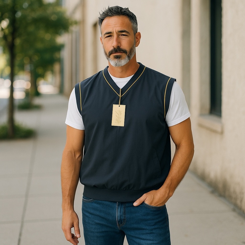 gold tri mountain golf vest mens blue size L NEW.